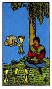 The Four of Cups tarot card depicts a brooding young man sitting with his arms crossed ignoring the chalice being offered to him by a hand extending from a cloud. Three upright chalices are at his feet while a river flows behind him.