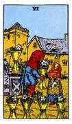Rider Waite Smith Tarot Card - Six of Cups: Two children in a heartwarming scene, one offering a cup of flowers to the other, symbolizing innocence, joy, and fond memories.