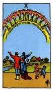 tarot card meaning A happy family with children, standing together with arms outstretched. A rainbow arches over them, symbolizing joy, fulfillment, and harmony.