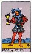 Rider Waite Smith Tarot Card - Page of Cups: A young person holding a cup with a fish emerging, symbolizing new emotional experiences, intuition, and creative inspiration.