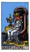 In the Queen of Cups Tarot card, a serene queen sits by the water on her throne, holding a cup. Her demeanor radiates emotional intuition and compassion, portraying a nurturing and empathetic presence.