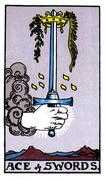 Ace of Swords Tarot Card: A single, upright sword rises from a cloud, surrounded by a wreath of white roses against a clear blue sky. Symbolizes clarity, truth, and the onset of intellectual power