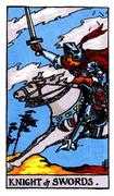 Knight of Swords Tarot Card - Dynamic figure on a charging horse, sword aloft, symbolizing courage, swift decision-making, and a quest for truth.