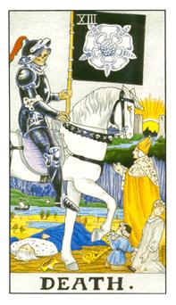 The Death card features a skeletal figure in armor, mounted on a white horse. The figure holds a black flag adorned with a white rose, symbolizing purity and transformation. Before the horse, there are figures of varying ages and statuses, signifying the universality of death. The scene represents an inevitable and transformative change rather than a literal demise.