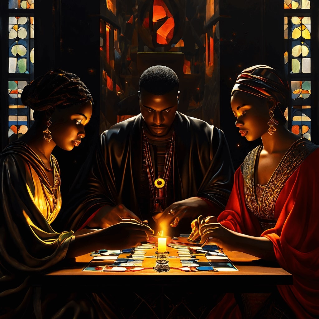 three people sitting around tarot table with cards and candles