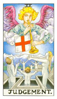 The Judgment tarot card from the Rider-Waite-Smith deck. A scene depicting figures rising from graves in response to an angel's trumpet call. Symbolizing spiritual awakening and rebirth, the card conveys a powerful moment of self-reflection and judgment.