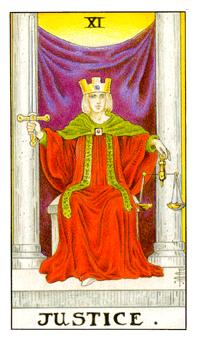 "The Justice tarot card features a figure, often a woman, seated between two pillars, wearing a red robe and holding a sword and scales. The scales represent balance and fairness, while the sword signifies discernment and impartiality. The figure wears a blindfold, emphasizing the objective nature of justice. The background includes a purple cloth draped between the two pillars."