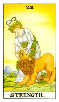 "The Strength tarot card features a figure, often a woman, gently holding open the jaws of a lion, symbolizing inner strength and courage. The figure exudes a calm and compassionate demeanor, showcasing strength through gentleness. Floral elements in the background represent the blossoming of inner power."