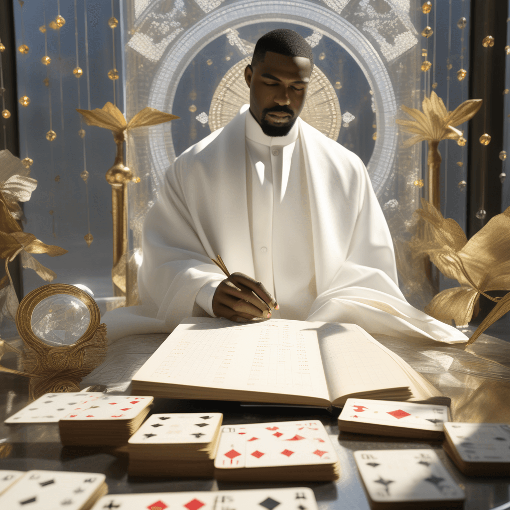 man wearing all white with open books in front of him is tarot birth card calculator