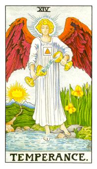 The Temperance tarot card depicts an angel pouring liquid between two cups, standing with one foot in water and the other on land. Wings and a halo adorn the angel, and a path leads to a mountain in the background, symbolizing balance and harmony.
