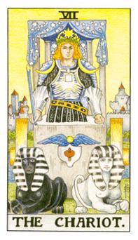 "The Chariot tarot card depicts a triumphant figure in a chariot pulled by two sphinxes, symbolizing controlled opposing forces. The figure holds a wand or scepter, signifying willpower and determination. The chariot is under a starry canopy, suggesting cosmic guidance."