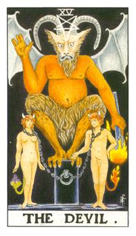 The Devil tarot card from the Rider-Waite-Smith deck. A captivating figure with bat-like wings and horns, holding chains that bind two figures at its feet. Symbolizing temptation, captivity, and recognition of self-imposed limitations, the card explores themes of material desires.
