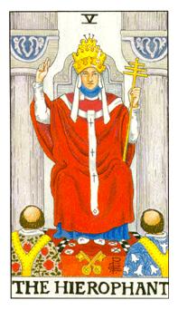 The Hierophant tarot card from the Rider-Waite-Smith deck. A symbolic representation of wisdom and spiritual guidance, featuring a figure in ceremonial robes holding a staff. The scene includes religious elements, pillars, and followers seeking wisdom.