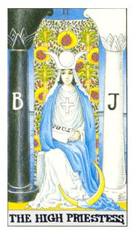 For Tarot Card Birth Calculator The High Priestess tarot card featuring a seated figure with a scroll and crescent moon. Dressed in a blue robe, she sits between pillars at the entrance to a temple. A veil of pomegranates creates a mysterious background