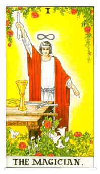Birth Card Calculator The Magician tarot card depicting a figure at a table with elemental symbols. The Magician holds a wand, pointing both upwards and downwards. Symbolic objects like cups, pentacles, swords, and wands surround the table against a backdrop of earth and sky."