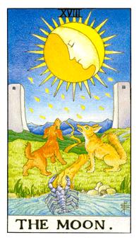 The Moon tarot card from the Rider-Waite-Smith deck. A surreal scene featuring a full moon, a crustacean emerging from water, and guardian dogs. The symbolism includes intuitive exploration, subconscious influences, and a winding path into the unknown.