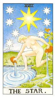 The Star tarot card from the Rider-Waite-Smith deck. A serene figure pouring water from two jugs, illuminated by seven large stars and surrounded by smaller twinkling stars. Symbolizing hope, divine guidance, and a balance between the spiritual and material realms, the card exudes tranquility.