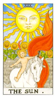 The Sun tarot card from the Rider-Waite-Smith deck. A radiant sun in a blue sky, a joyful child riding a white horse, and sunflowers in the background. Symbolizing happiness, warmth, and the promise of a bright future, the card conveys a sense of innocence and exuberance.