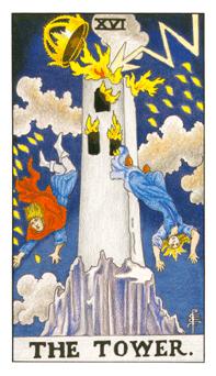 The Tower tarot card from the Rider-Waite-Smith deck. A tall tower struck by lightning, its crown erupting in flames. Symbolizing sudden revelation and transformative upheaval, the card depicts falling figures and debris amidst a chaotic scene.