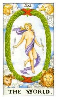 The World tarot card from the Rider-Waite-Smith deck. A majestic figure in a triumphant pose, surrounded by a wreath, with mystical creatures in each corner. Symbolizing completion and unity, the card features cosmic elements and the integration of diverse experiences.