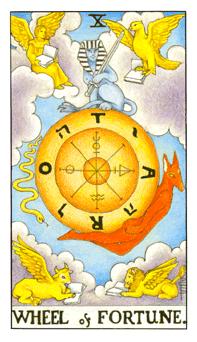 "The Wheel of Fortune tarot card features a large turning wheel with ascending and descending figures. Symbolic creatures like the sphinx and serpent represent cycles of life. The wheel is divided into sections depicting various stages, and the figure at the top holds a sword or wand, symbolizing control over destiny."